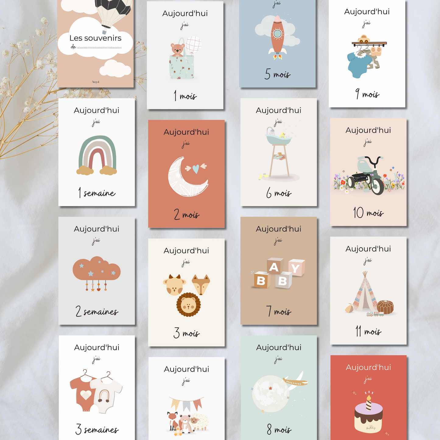 Cartes étapes bébé réutilisables en guirlande décorative